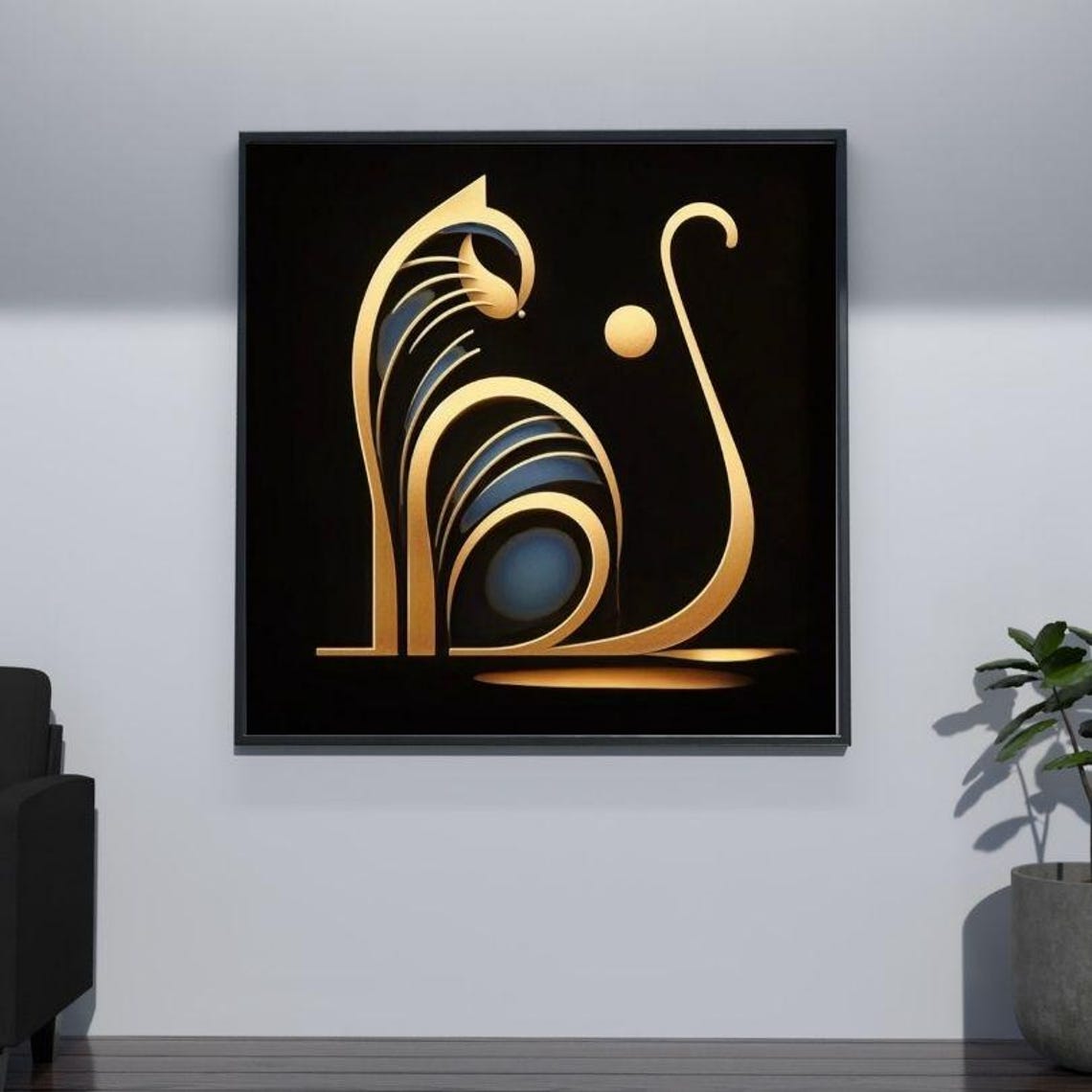 Elegant Black and Gold Cat in Minimalist Line Art Style Poster - Image 3
