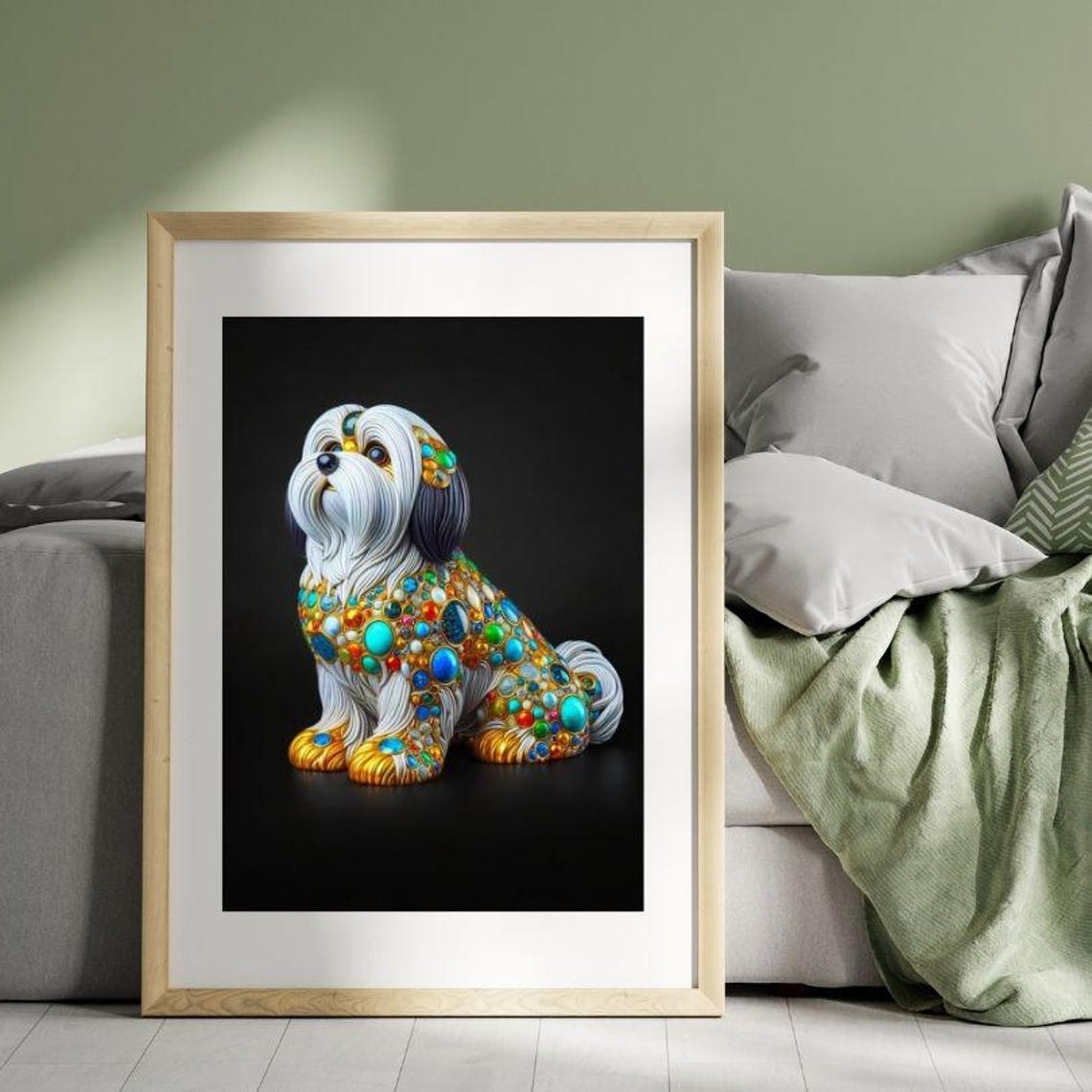 White Shih Tzu With Jeweled Mosaic Coat Modern Elegant Art Poster - Image 2