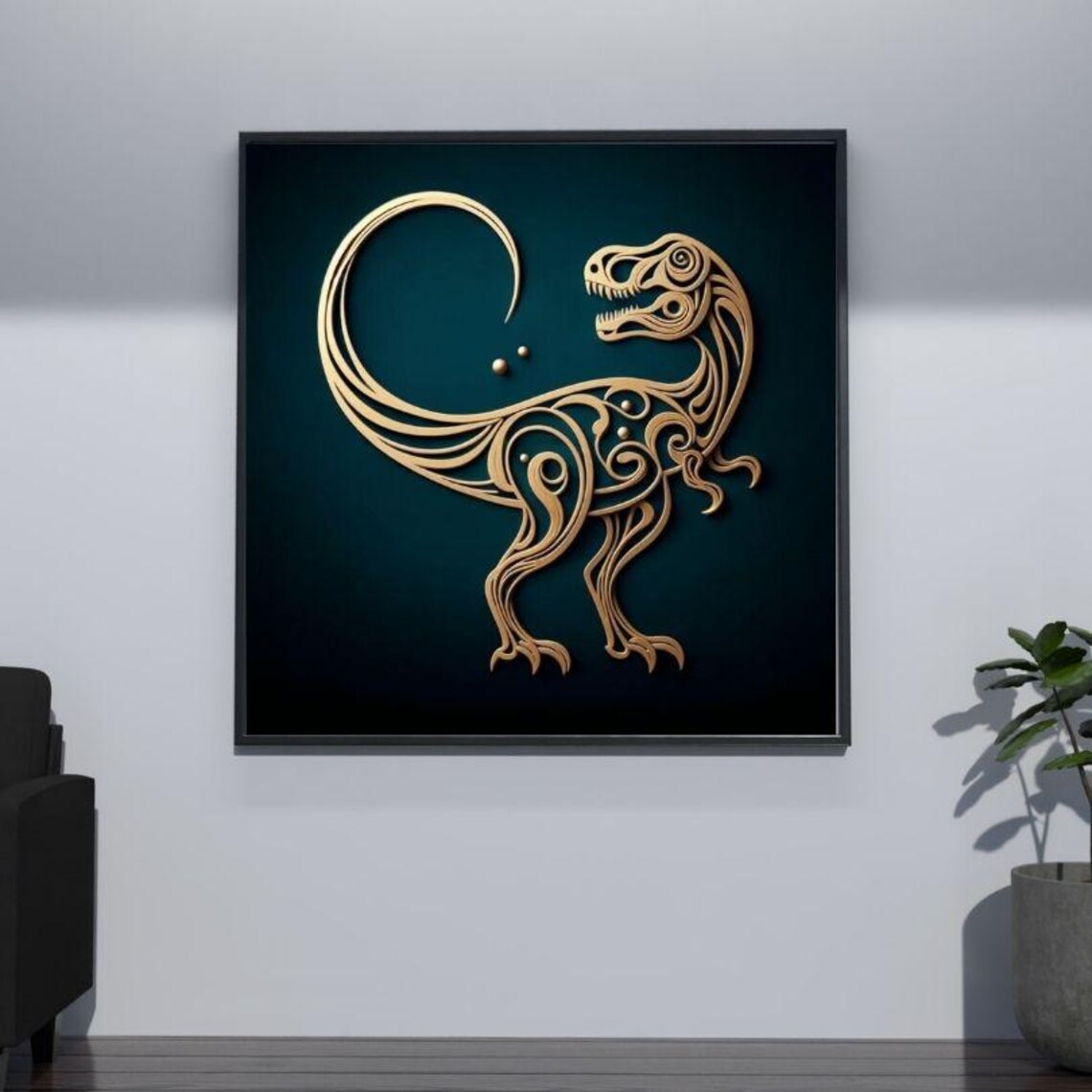 Elegant Golden T-Rex Line Art on Dark Teal Tribal Dinosaur Poster - Image 2