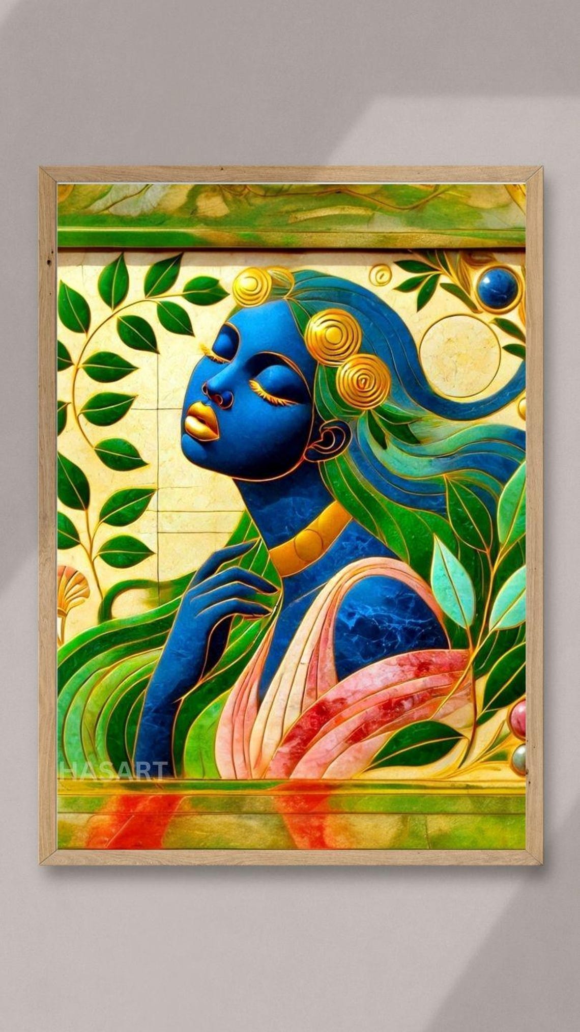 Blue Goddess with Green Leaves Stained Glass Style Portrait Poster - Image 2