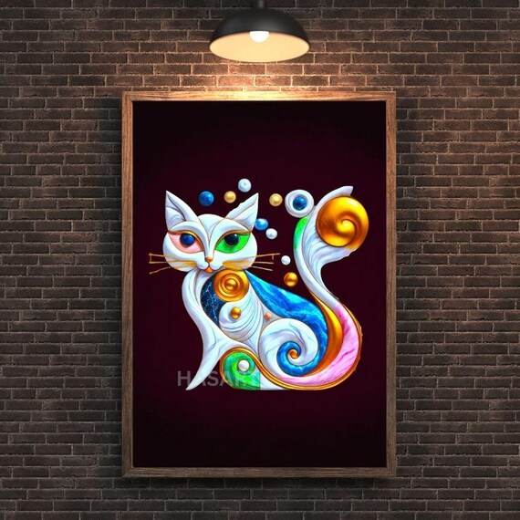Whimsical White Cat with Swirling Rainbow Colors Art on Burgundy Poster