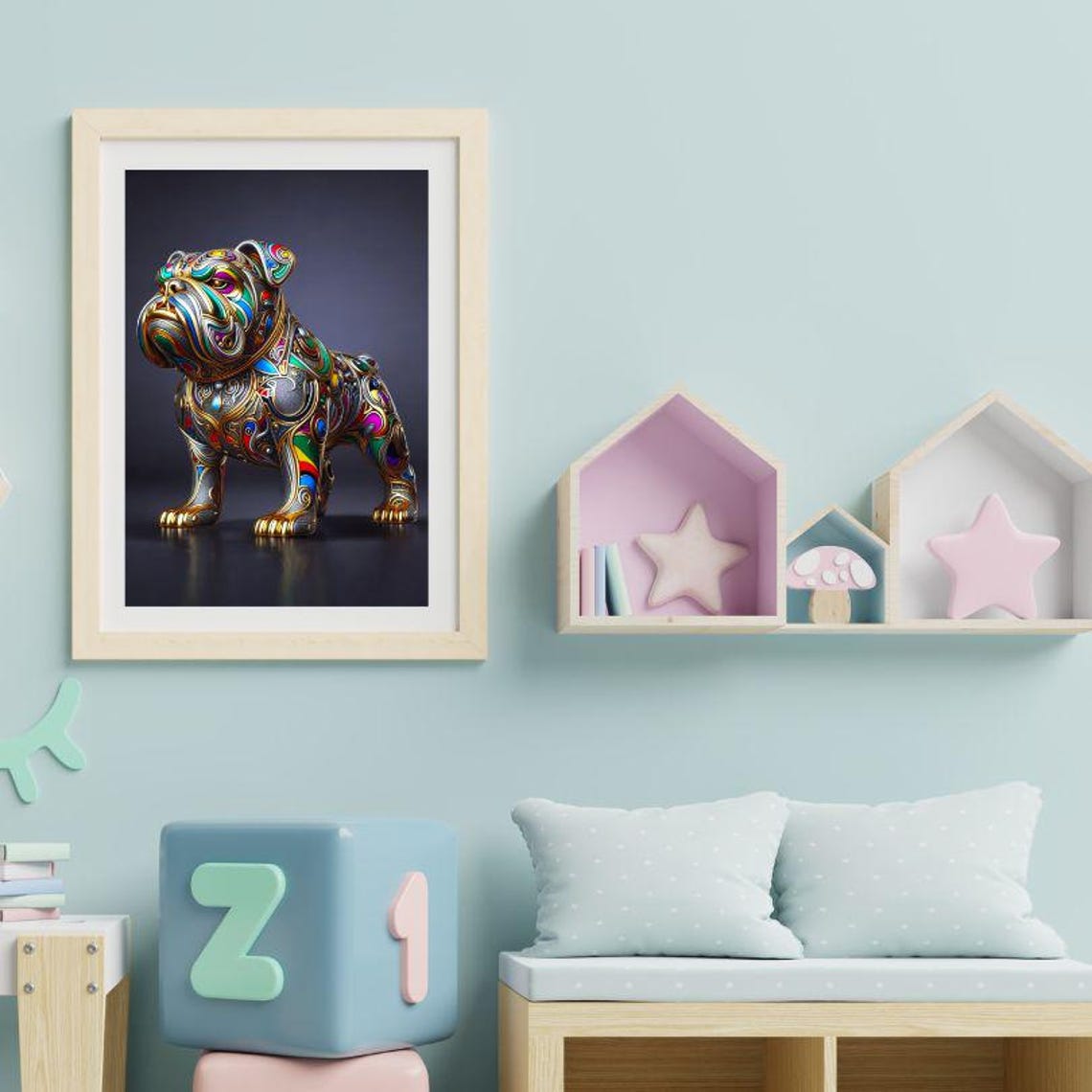 Rainbow Metallic Enamel Bulldog Statue Standing Modern Art Poster - Image 2
