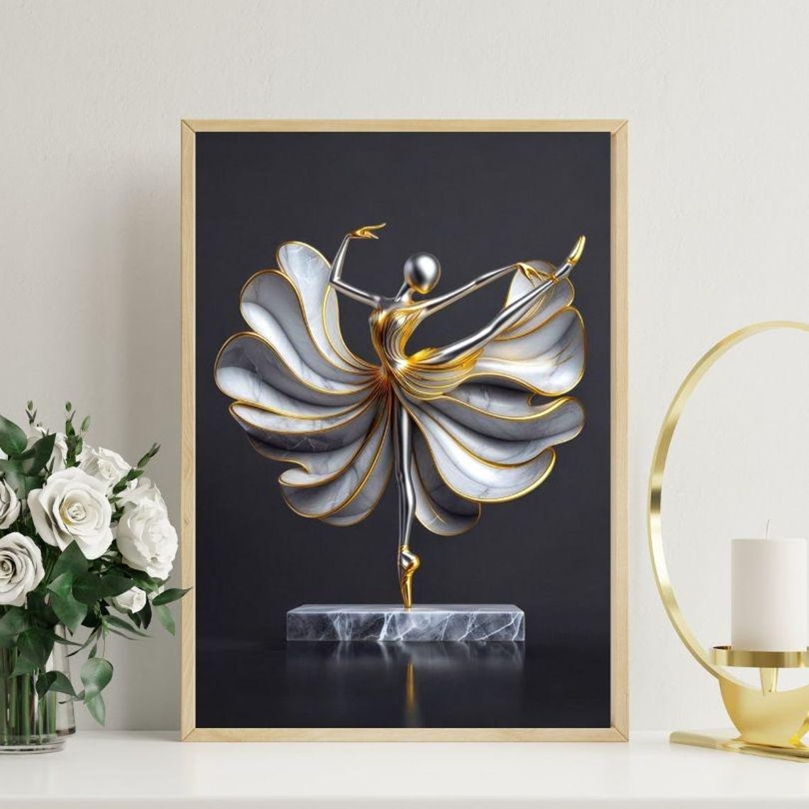 Silver Ballerina with Marble Petal Skirt on Black Art Poster - Image 3