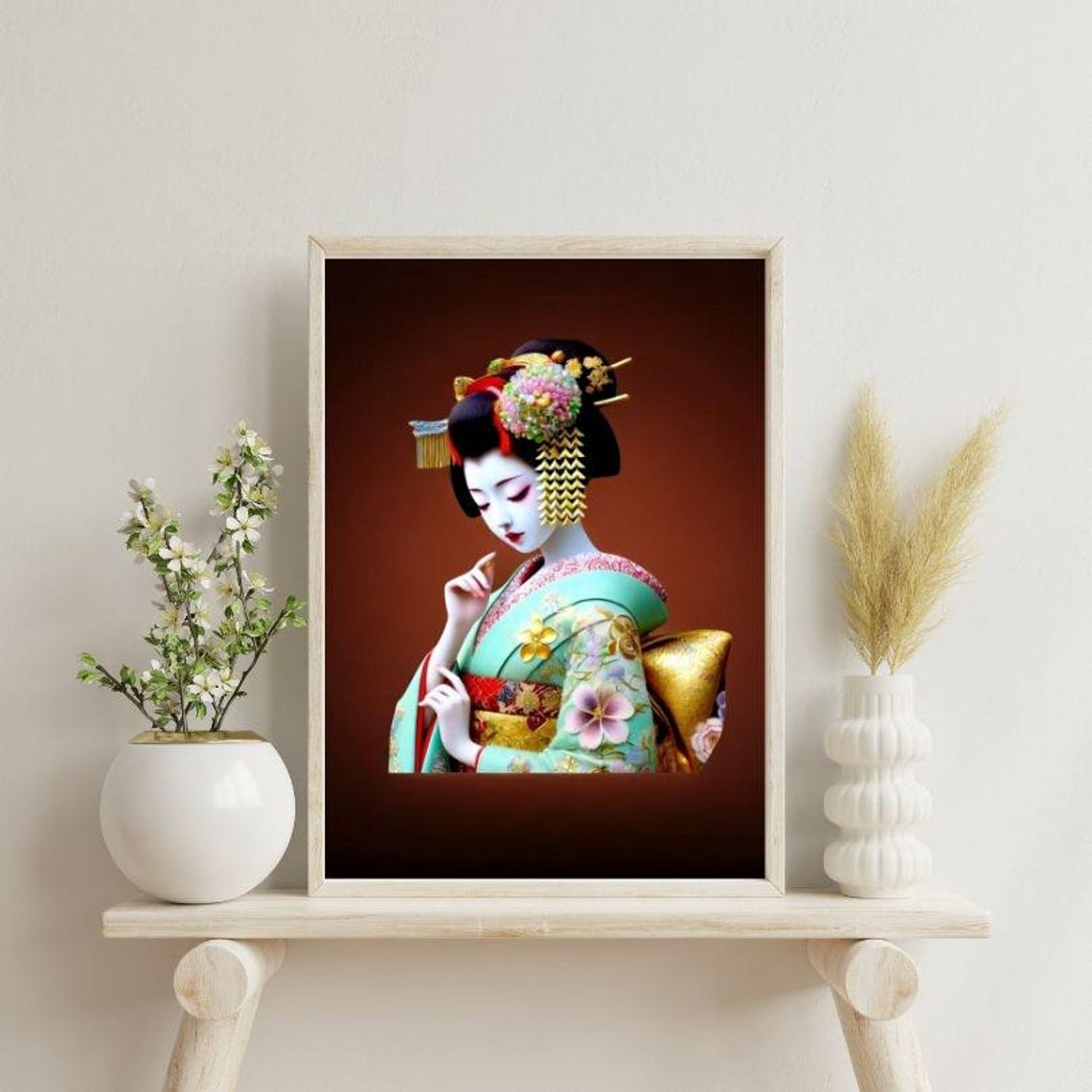 Graceful Geisha in Floral Kimono Traditional Japanese Art Poster - Image 2