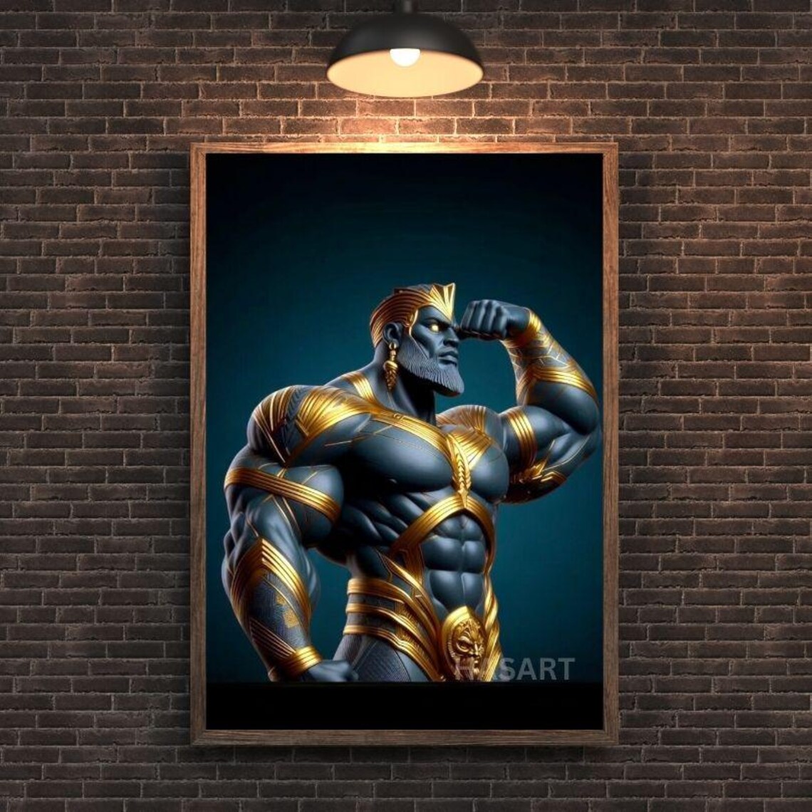 Dark Gladiator Muscle Man Gold Armor Flexing Modern Art Poster