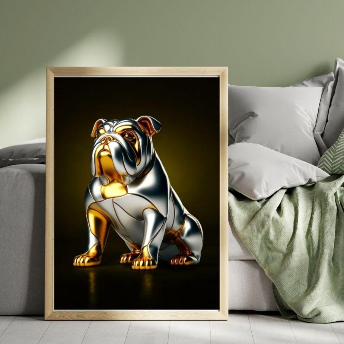 Silver Gold Bulldog Gazing Down in Metallic Portrait Art Poster - Image 2