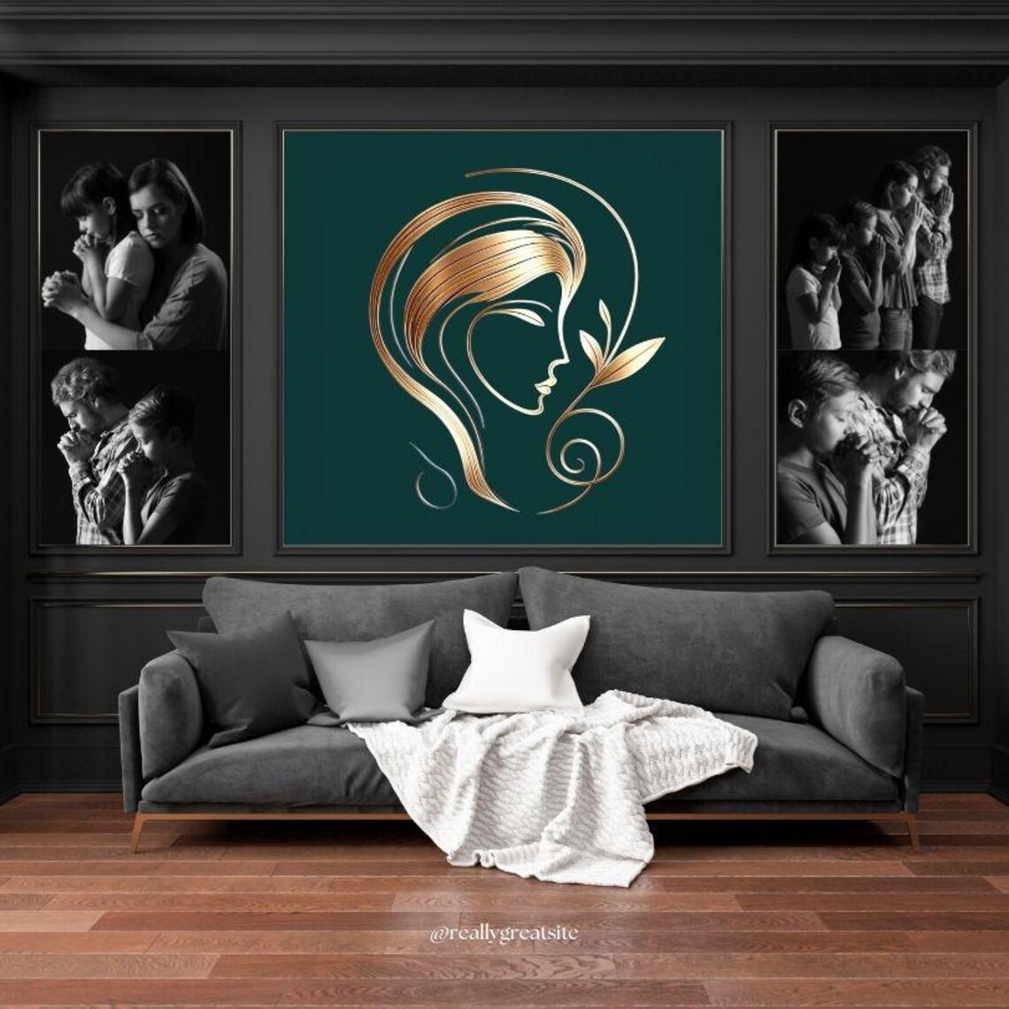 Serene Golden Woman Profile Line Art on Emerald Green Poster - Image 2
