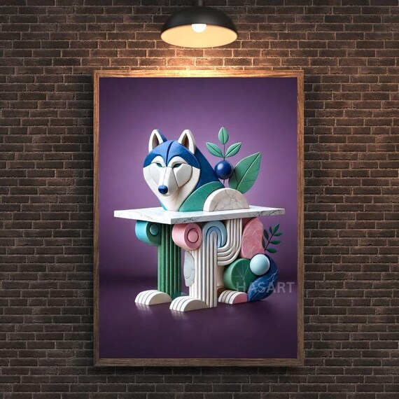 Playful Geometric Husky Peeking Over a Marble Table Art Poster