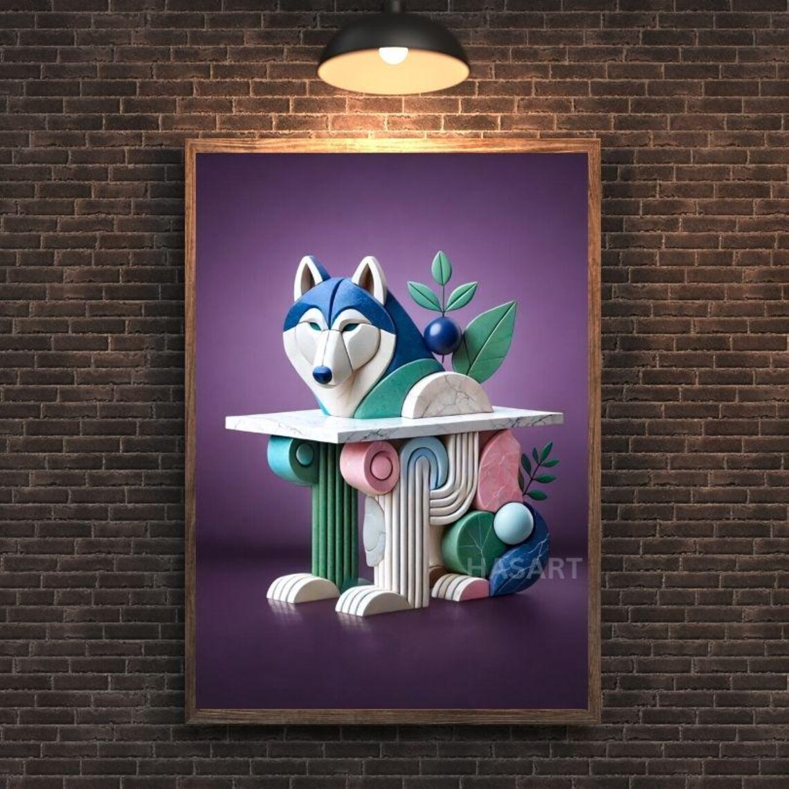 Playful Geometric Husky Peeking Over a Marble Table Art Poster