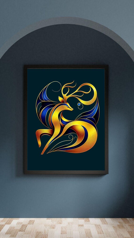 Golden Blue Flowing Line Art Stag Modern Minimalist Art Poster
