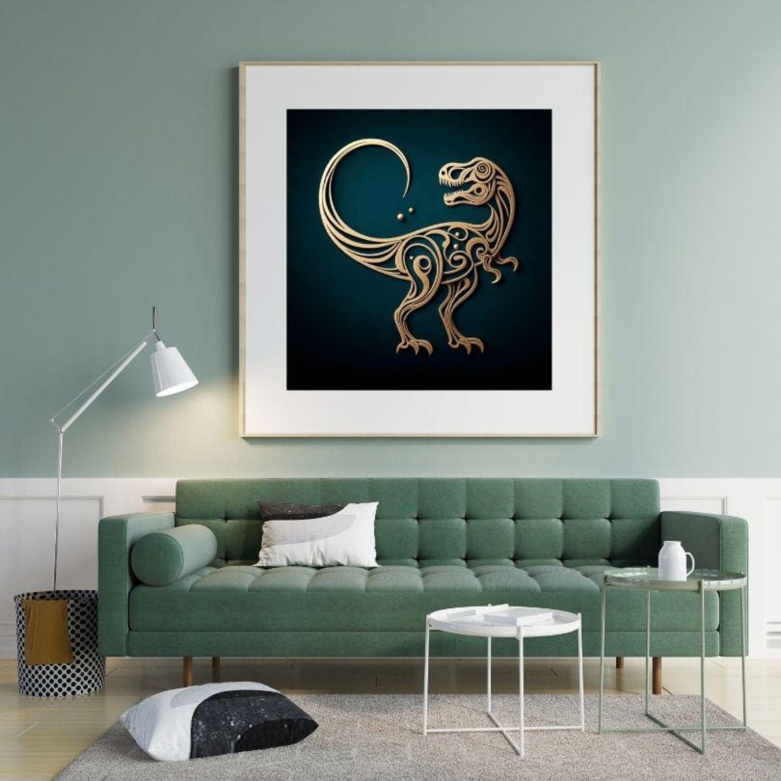 Elegant Golden T-Rex Line Art on Dark Teal Tribal Dinosaur Poster - Image 3