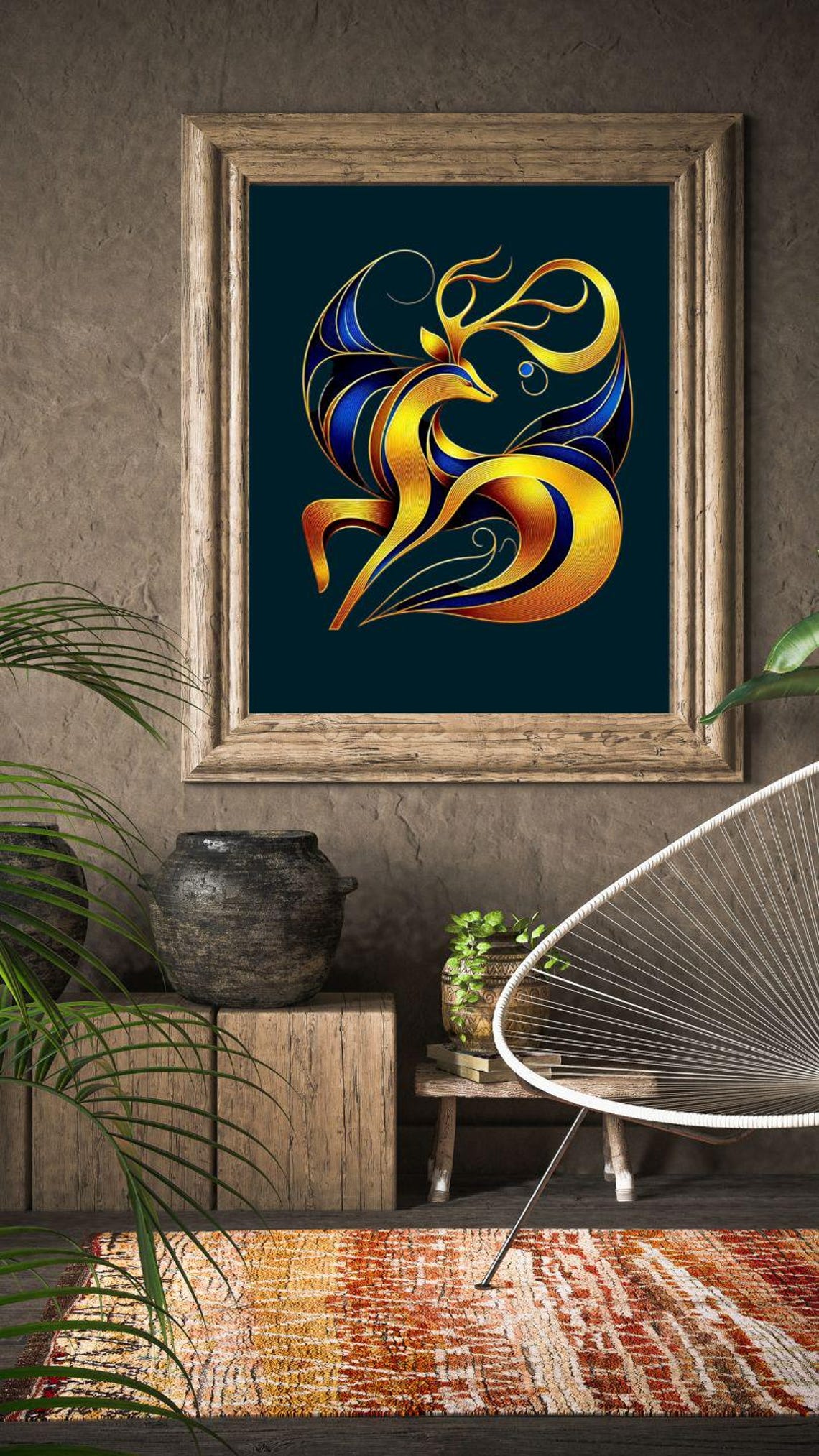 Golden Blue Flowing Line Art Stag Modern Minimalist Art Poster - Image 3