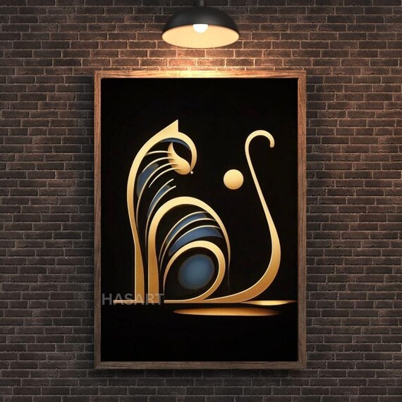 Elegant Black and Gold Cat in Minimalist Line Art Style Poster