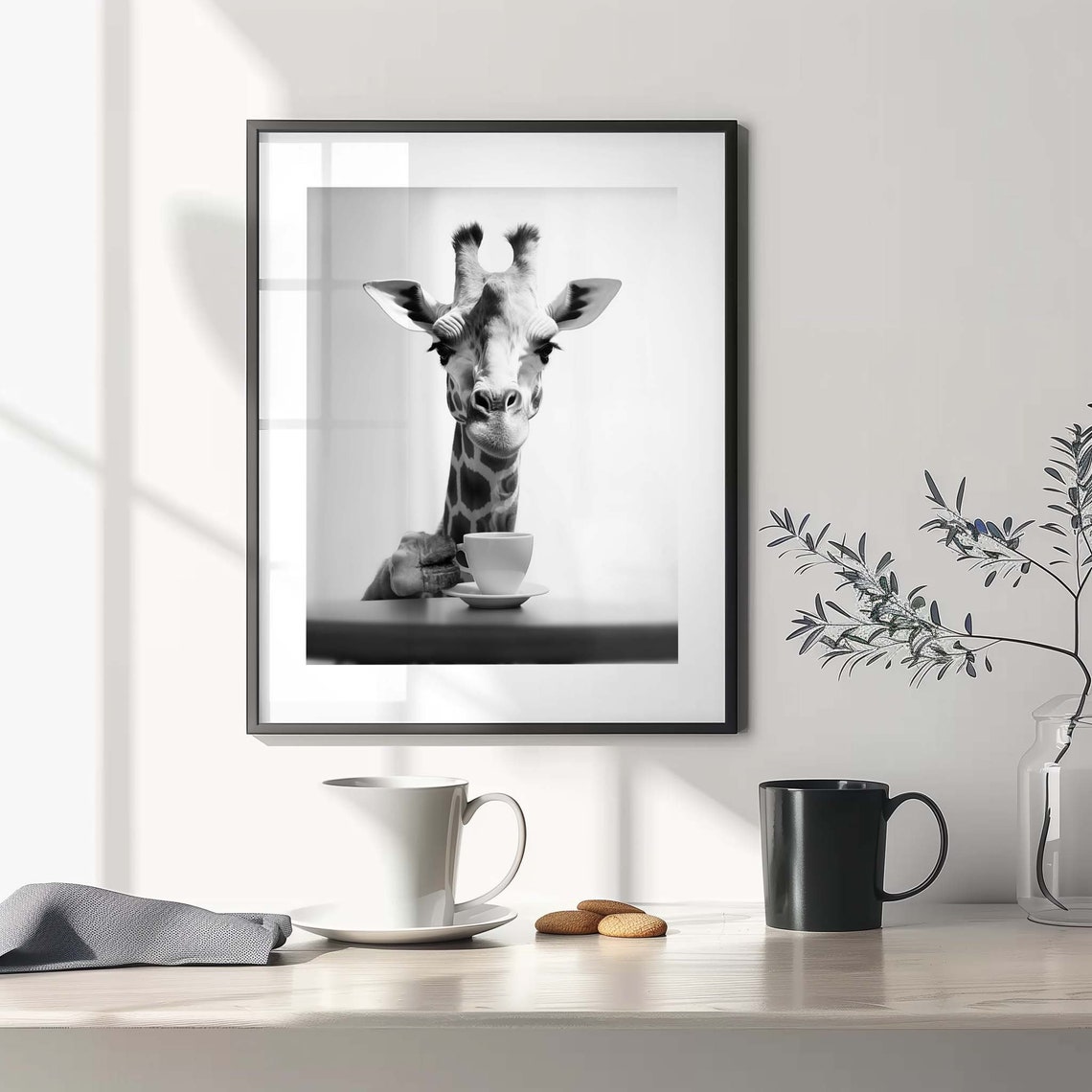Funny Giraffe Drinking Coffee At Table Black White Photo Poster - Image 3