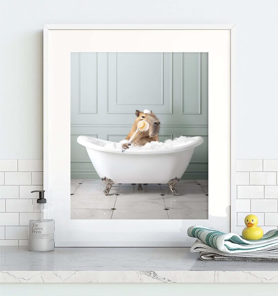 Adorable Capybara in Bubble Bath with Rubber Duck Funny Bathroom Poster