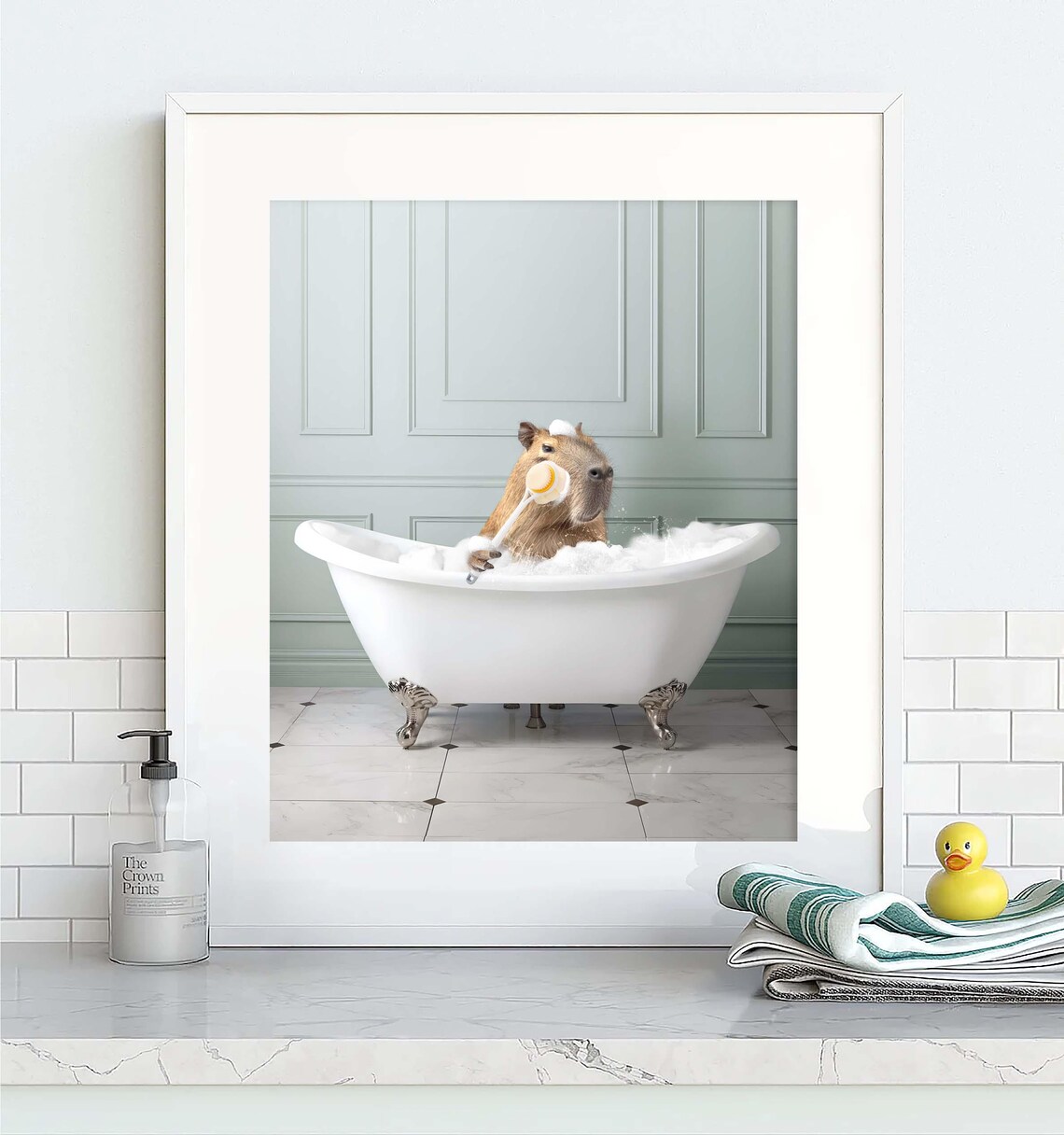 Adorable Capybara in Bubble Bath with Rubber Duck Funny Bathroom Poster