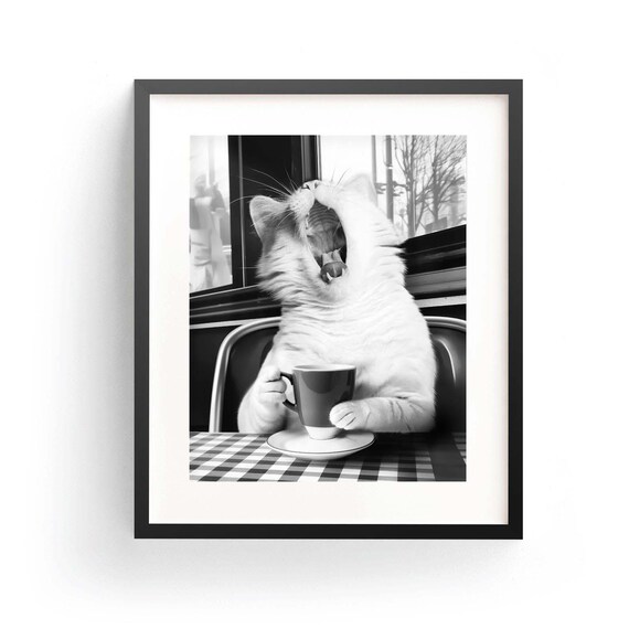 Yawning Cat with Coffee Cup at Cafe Table Funny Kitchen Animal Poster