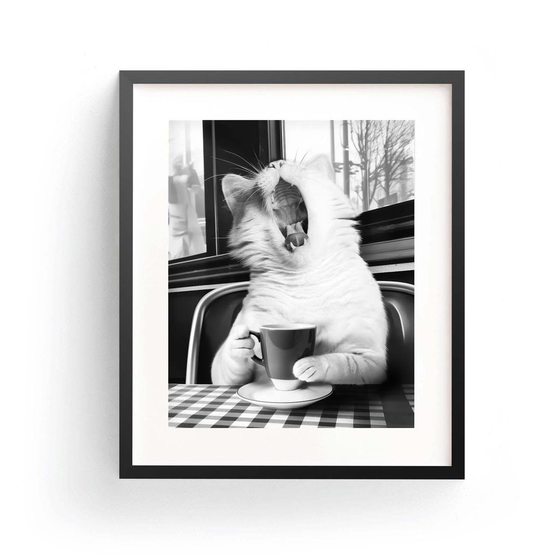 Yawning Cat with Coffee Cup at Cafe Table Funny Kitchen Animal Poster