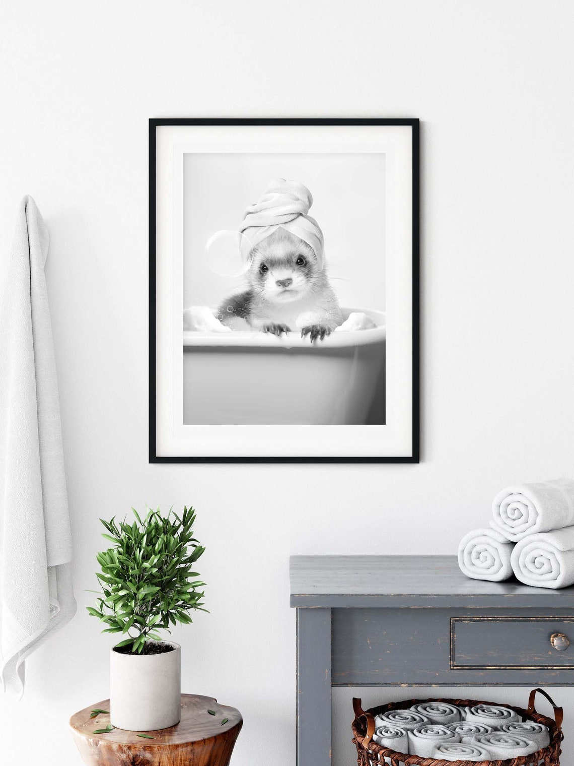 Ferret in Bubble Bath with Towel on Head Funny Bathroom Animal Poster - Image 3