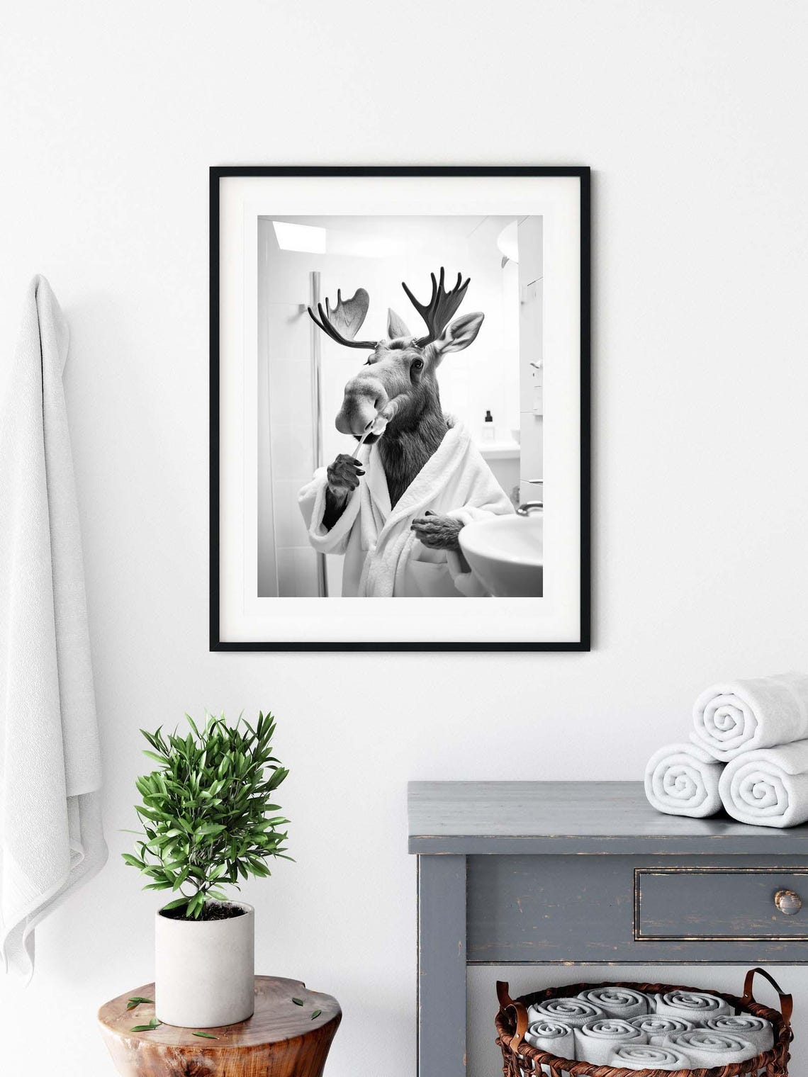 Moose in Bathrobe Brushing Teeth Funny Bathroom Animal Poster - Image 3