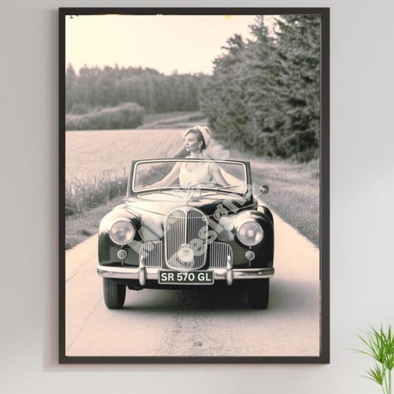 Vintage Woman In A Convertible 1950s Black And White Poster Retro Car Ride Nostalgia Elegance A1a5