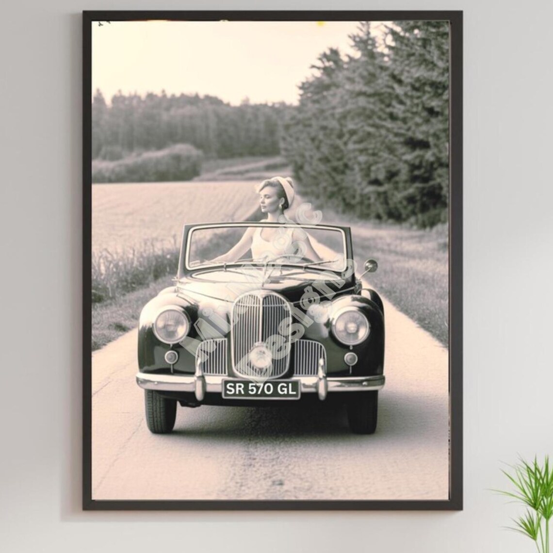 Vintage Woman in Convertible Poster 1950s Classic Car Retro Road Trip Art