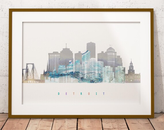 Detroit Michigan Watercolor Skyline Pastel Letters Modern Art Poster