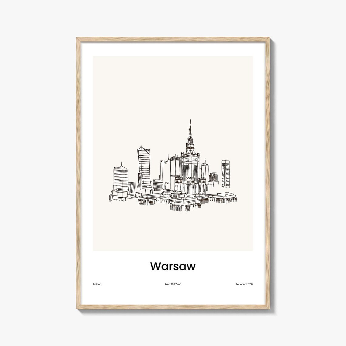 Warsaw Poland Minimalist Line Drawing City Skyline Travel Poster