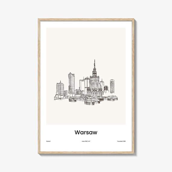 Warsaw Poland Minimalist Line Drawing City Skyline Travel Poster
