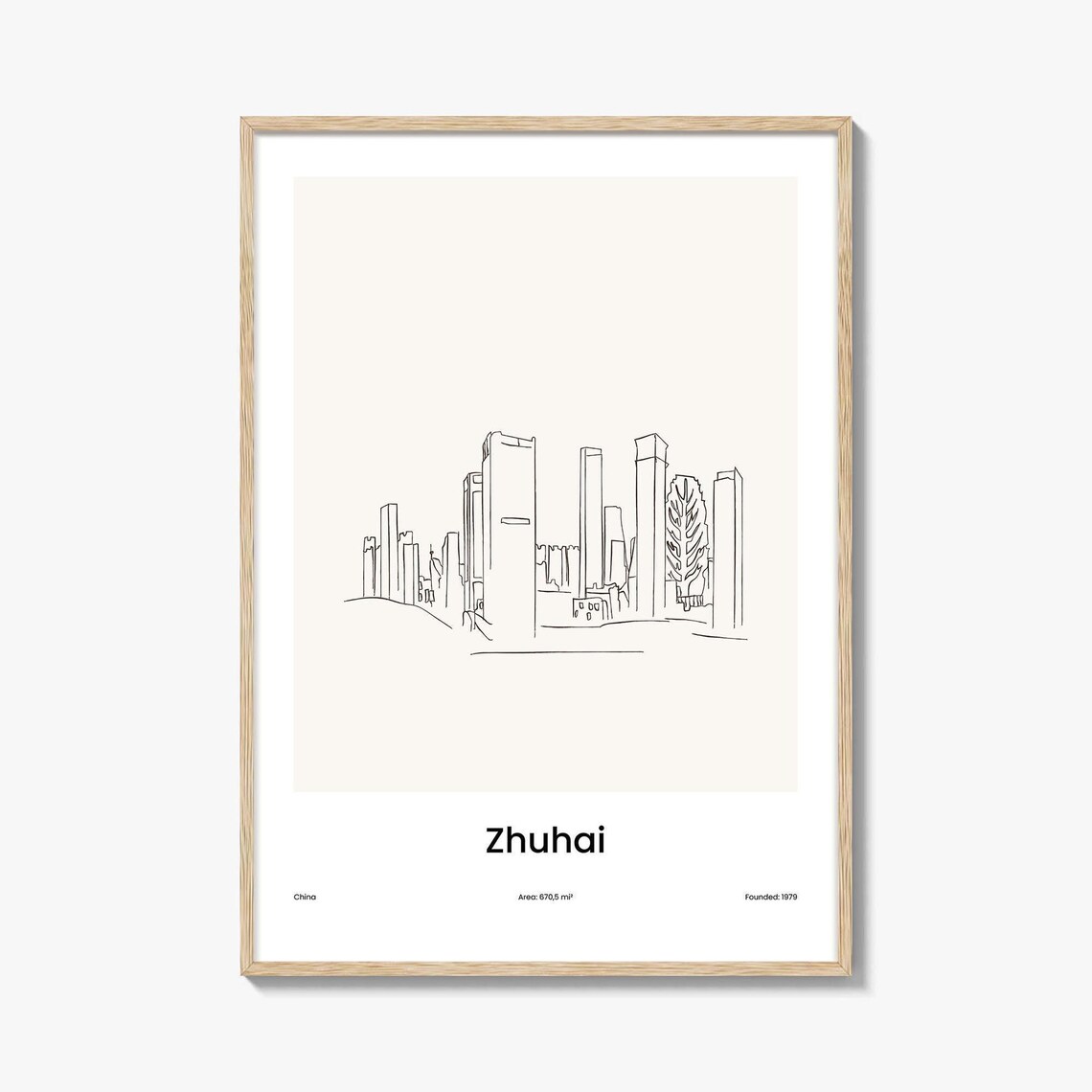 Zhuhai China Modern Skyline Minimalist Line Drawing Art Poster