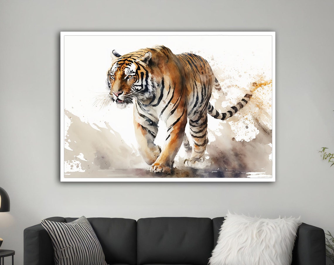 Tiger Walking Watercolor Painting Wildlife Animal Portrait Wall Poster