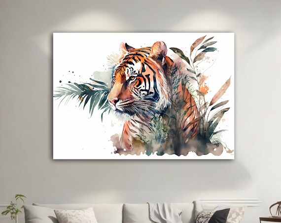 Tiger Portrait Watercolor Painting Tropical Leaves Wild Jungle Wall Poster