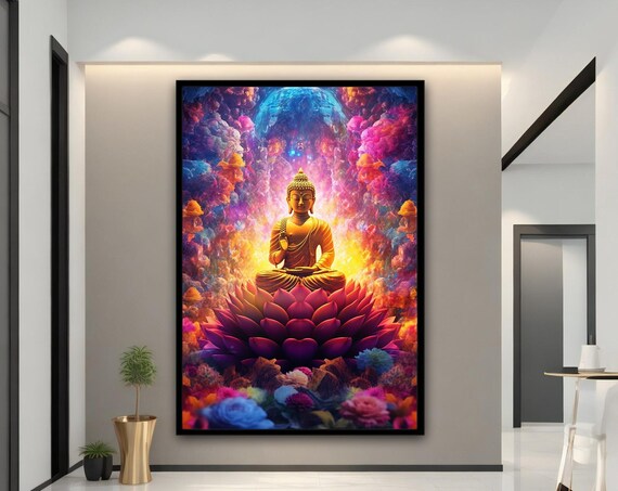 Golden Buddha on Lotus Psychedelic Flowers Spiritual Art Print
