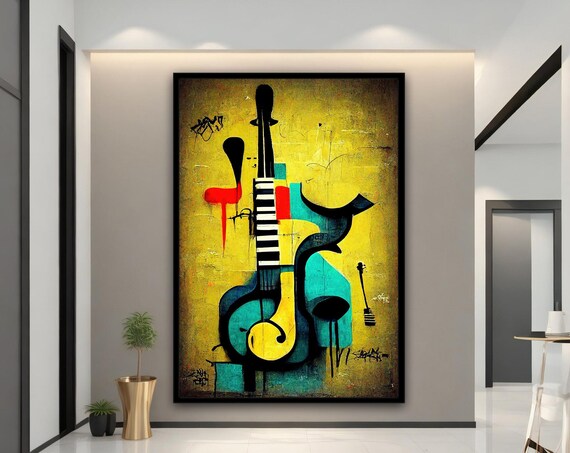 Abstract Cubist Guitar Yellow Background Colorful Music Art Print
