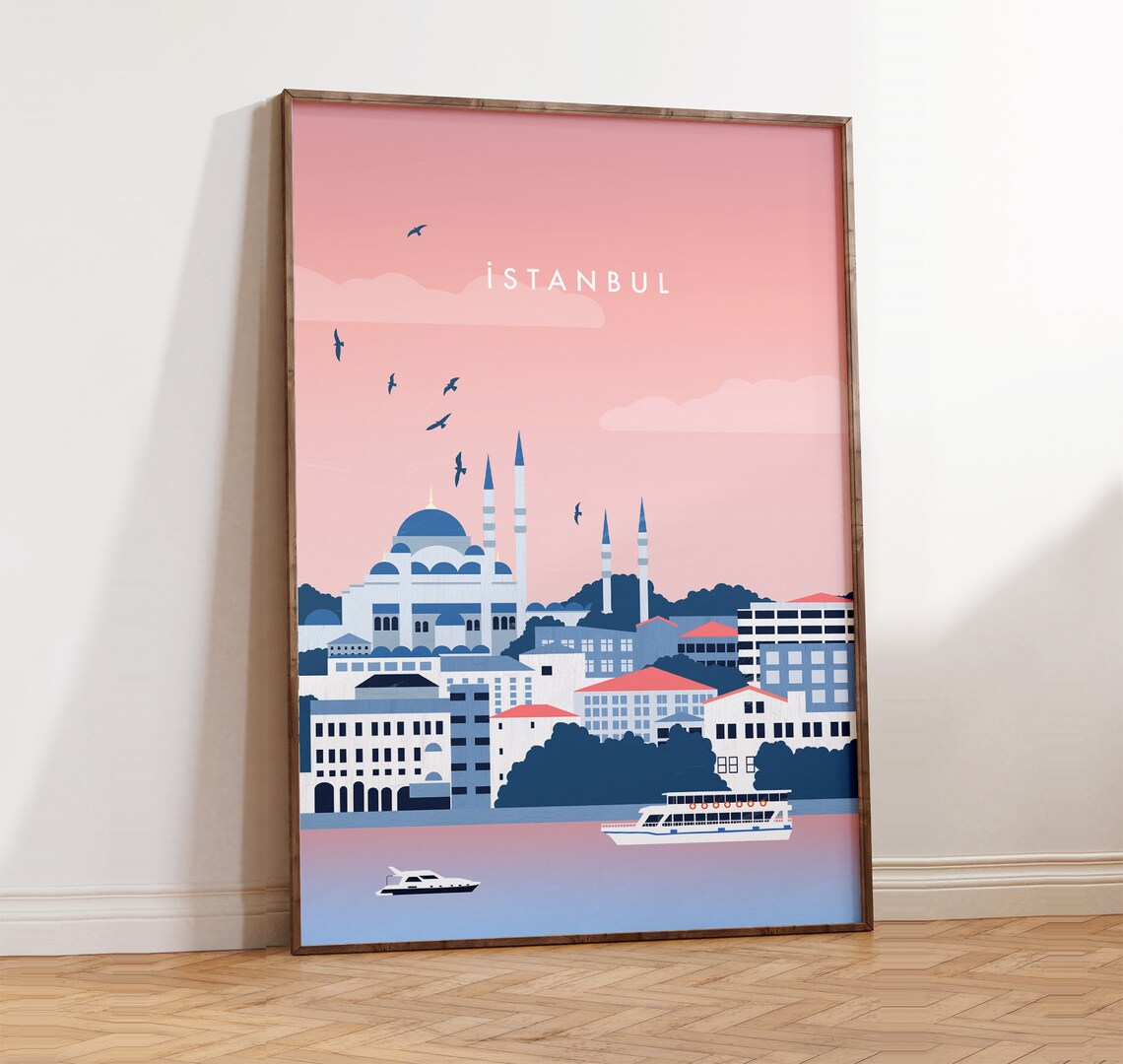 Istanbul Modern Travel Poster, Mosque Sea Skyline Decor