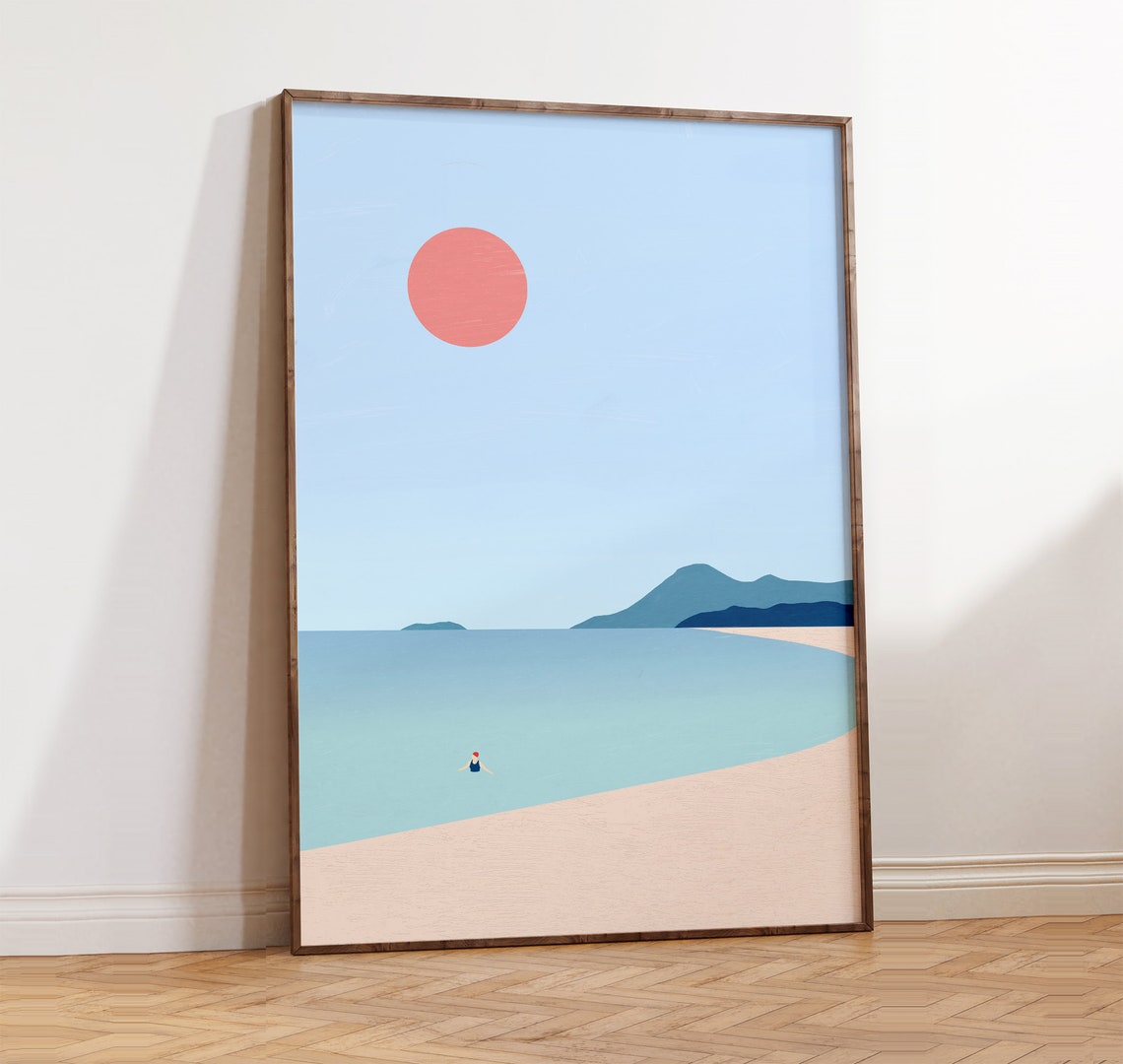 Minimalist Beach Swimmer Red Sun Ocean Waves Summer Scene Poster
