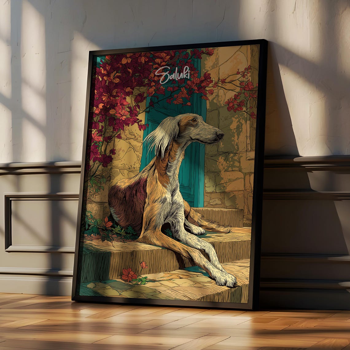 Saluki Sighthound Resting by a Teal Door Illustrated Dog Poster
