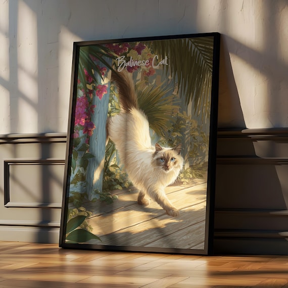 Balinese Cat in Tropical Garden Elegant Feline Portrait Art Poster