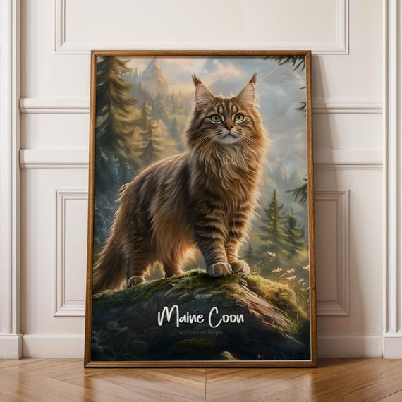 Maine Coon Cat Wall Poster Large Decorative Art Print Feline Home Decor Gift For Lovers Rustic Animal Illustration