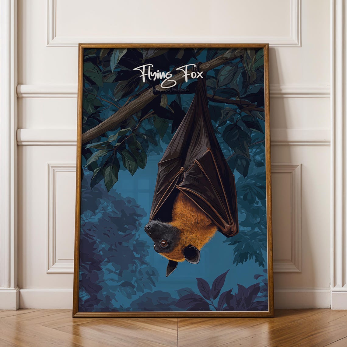 Flying Fox Bat Hanging Upside Down in Jungle Night Wildlife Poster