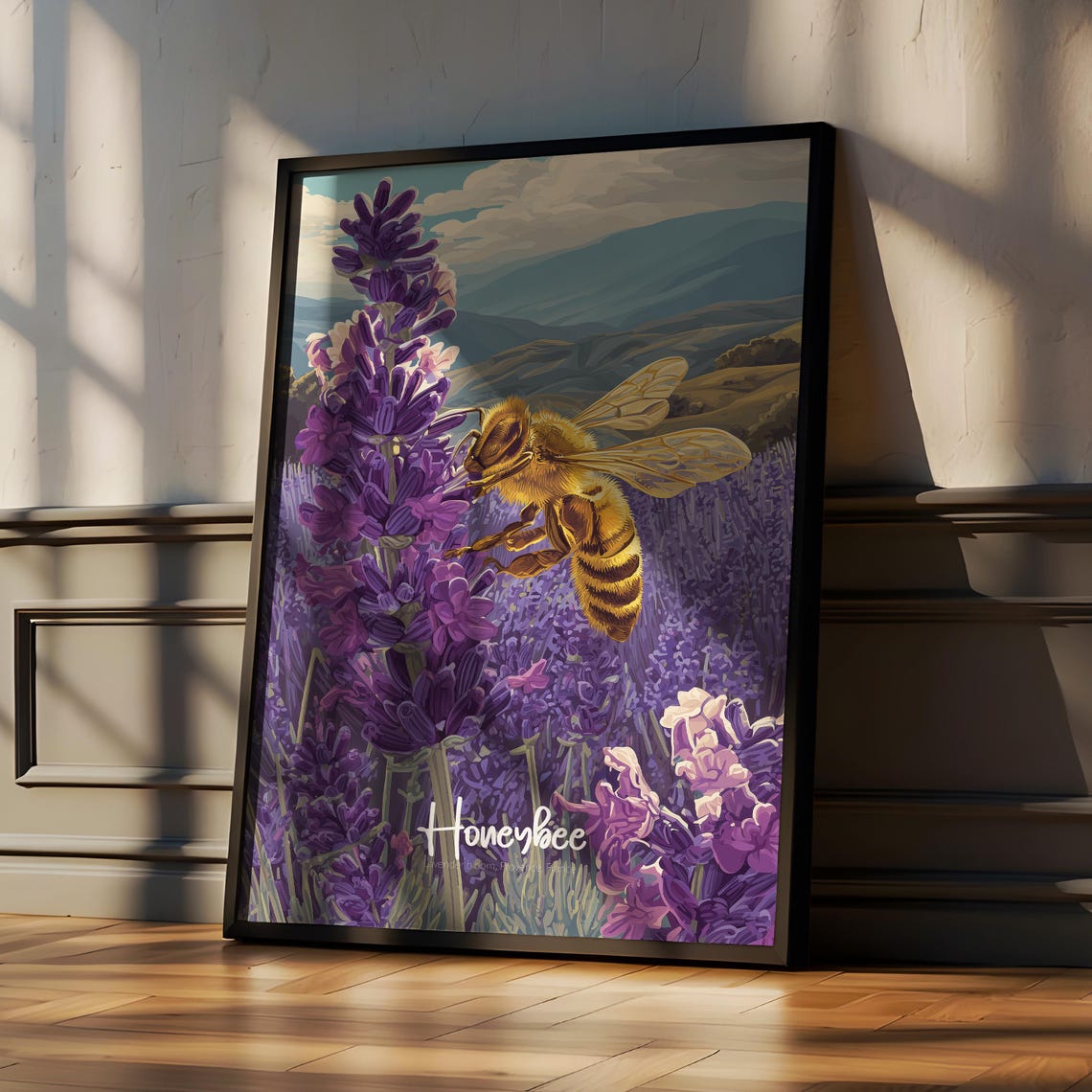 Honeybee Landing on Purple Lavender Blossoms Nature Art Poster