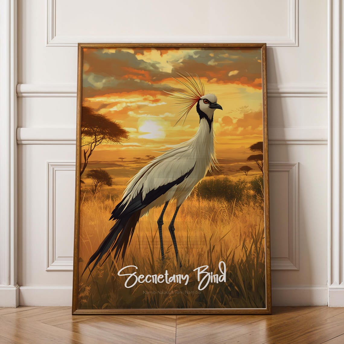 Secretary Bird at Namibia Sunset Savanna Wildlife Illustration Poster