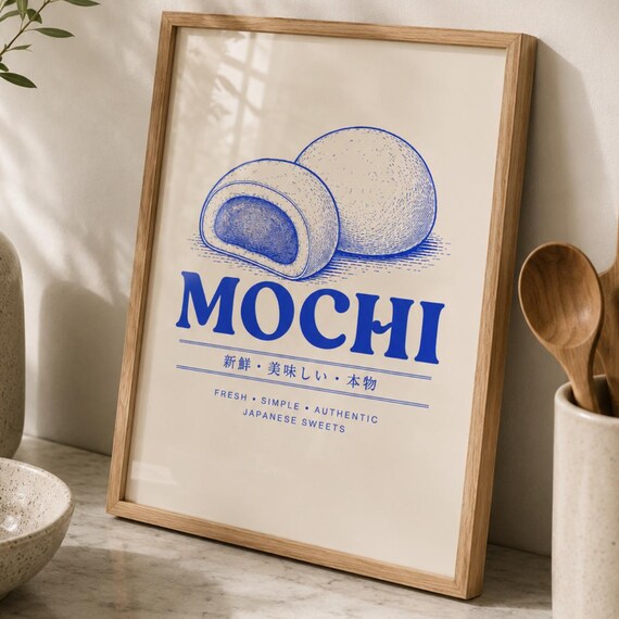 Mochi Wall Art Japanese Sweets Poster Food Blue Kitchen Decor Dessert Print Dining Room Vintage Gift