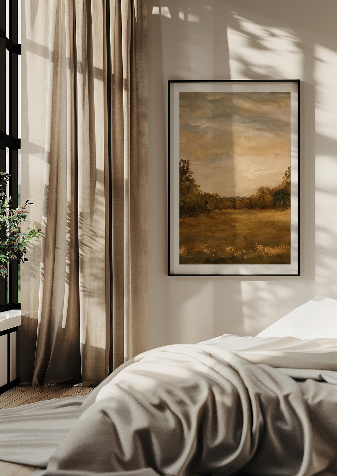 Vintage Rustic Countryside Painting Muted Landscape Print Moody Living Room Decor Neutral Farmhouse Wall Art - Image 7