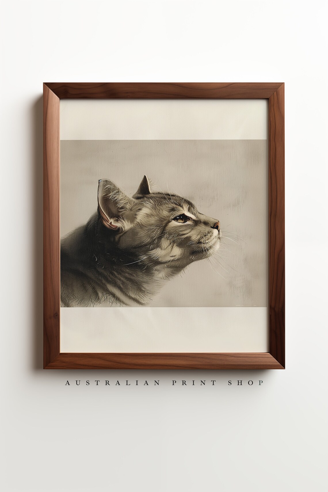 Tabby Cat Profile Study Vintage Charcoal Animal Drawing Wall Art