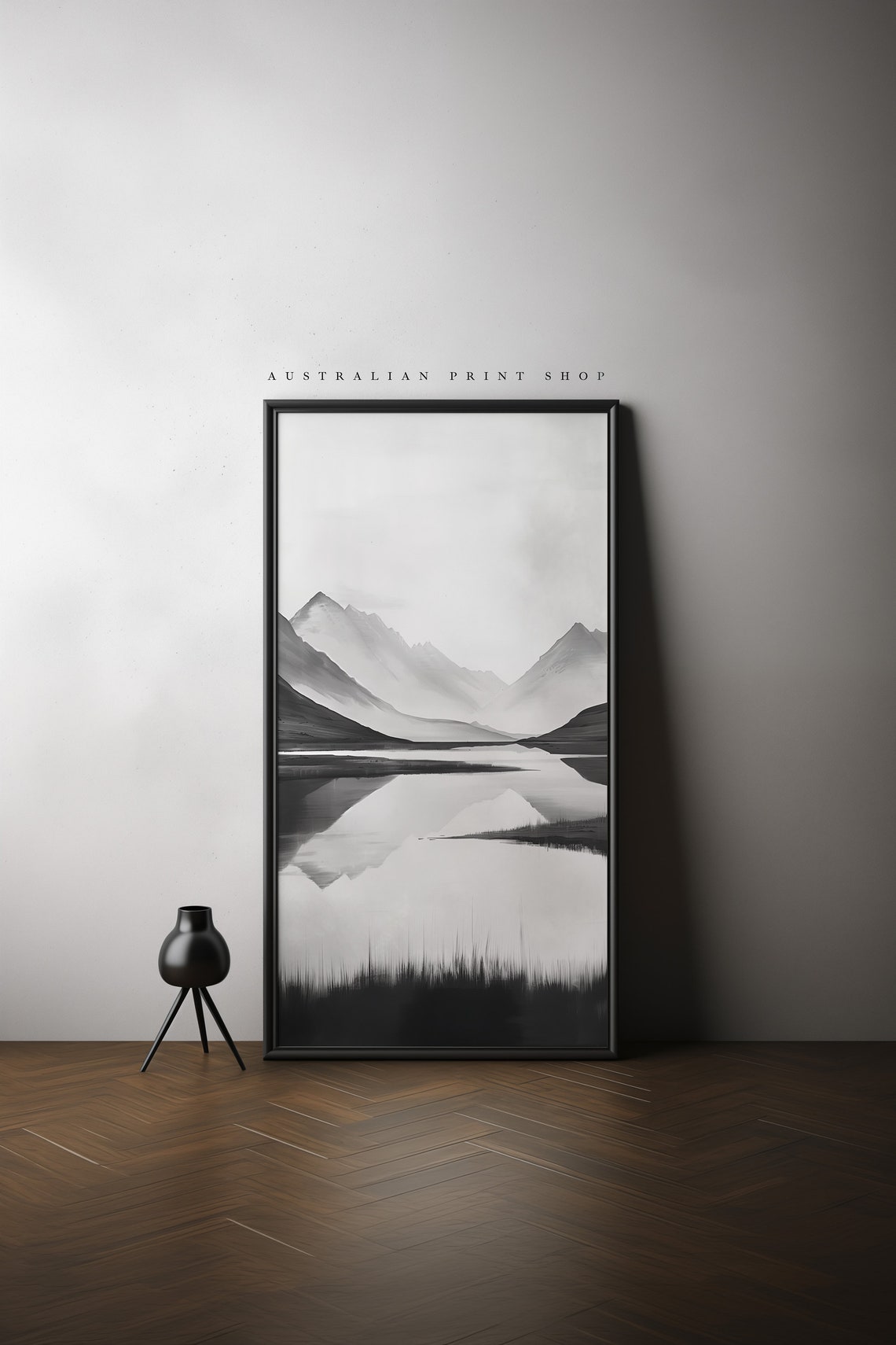 Winter Mountain Lake Black And White Landscape Painting Cloudy Mountain Living Room Bathroom Decor Gift - Image 6