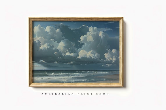 Cloudy Shoreline Tranquil Coastal Oil Painting Neutral Seascape Print Deep Blue Ocean Art Nautical Print