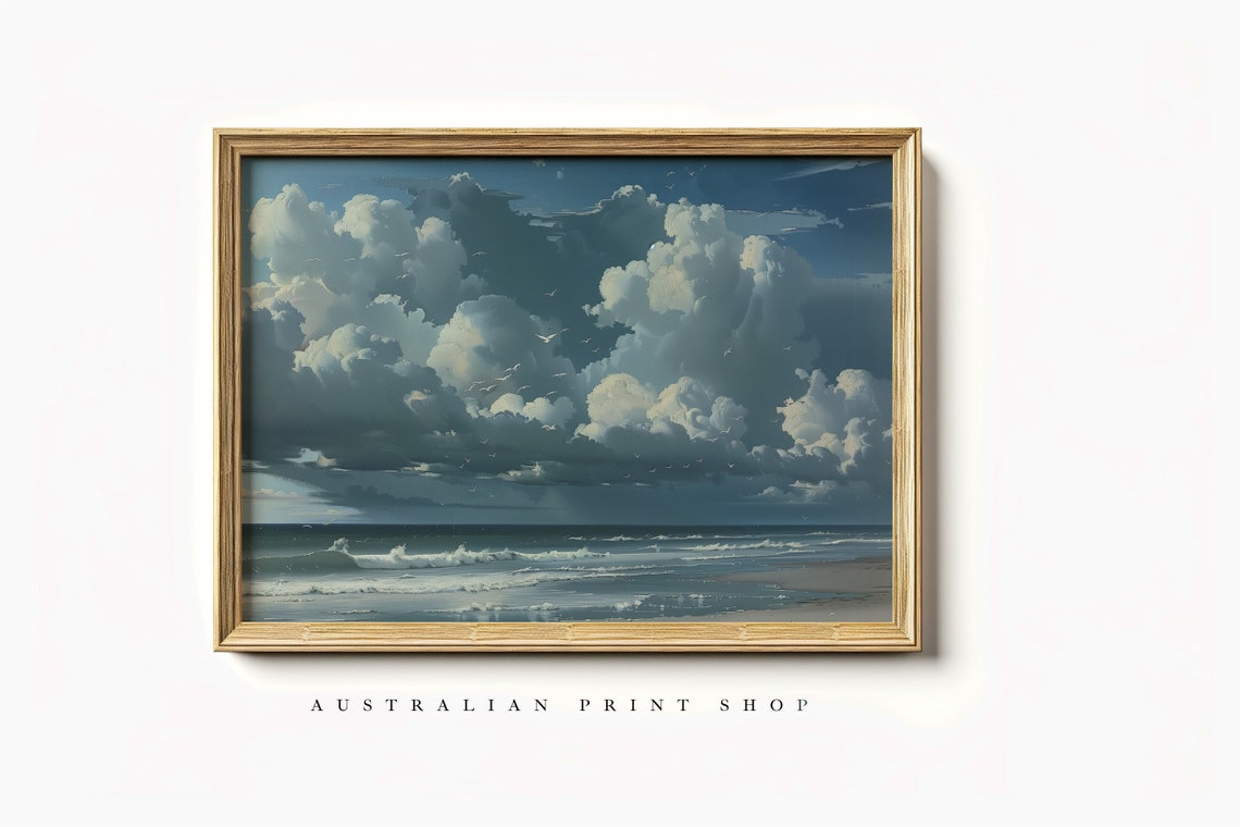Cloudy Shoreline Tranquil Coastal Oil Painting Neutral Seascape Print Deep Blue Ocean Art Nautical Print
