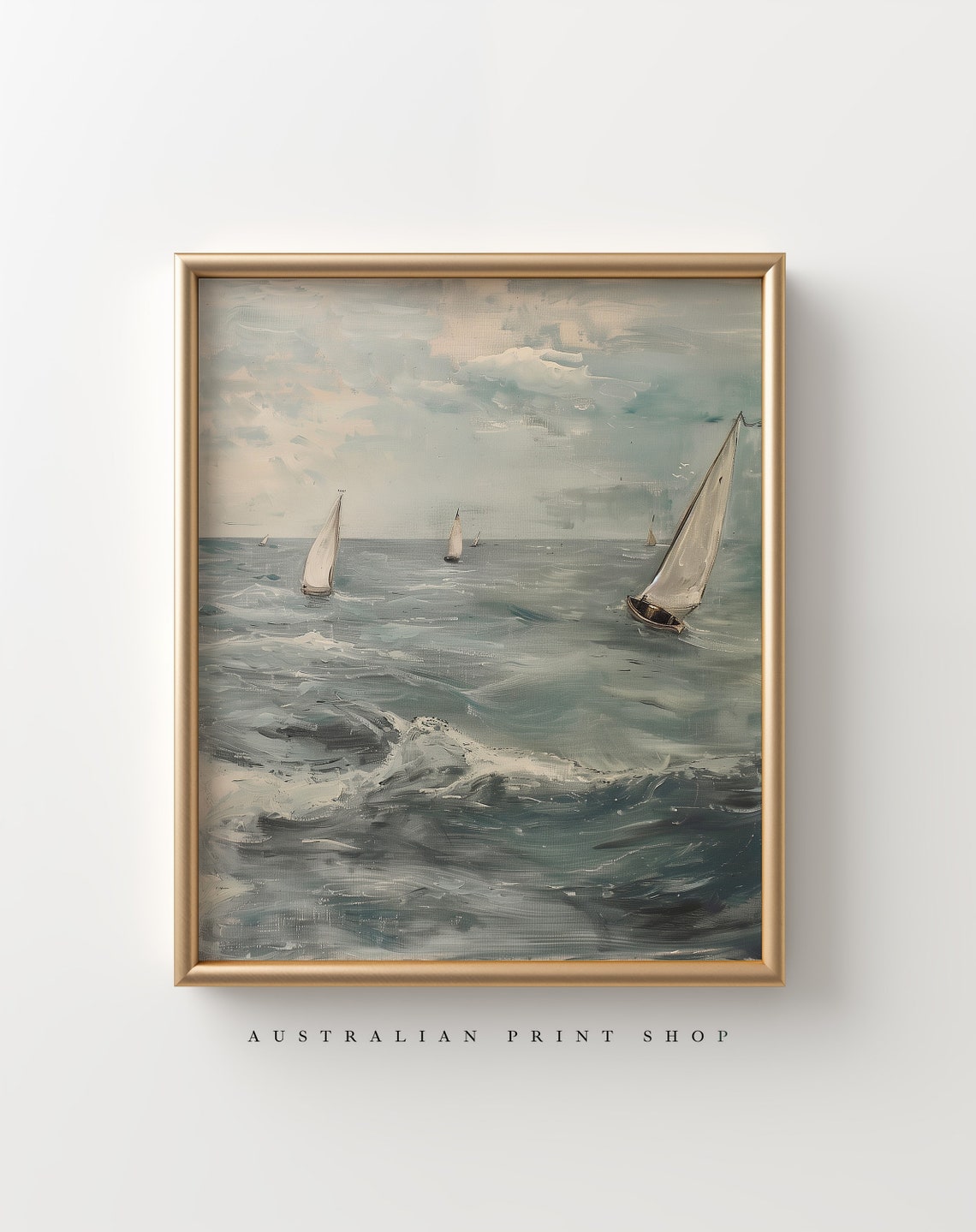 Vintage Ocean Oil Painting Muted Nautical Seascape Print Neutral Sailboat Ocean Art - Image 4
