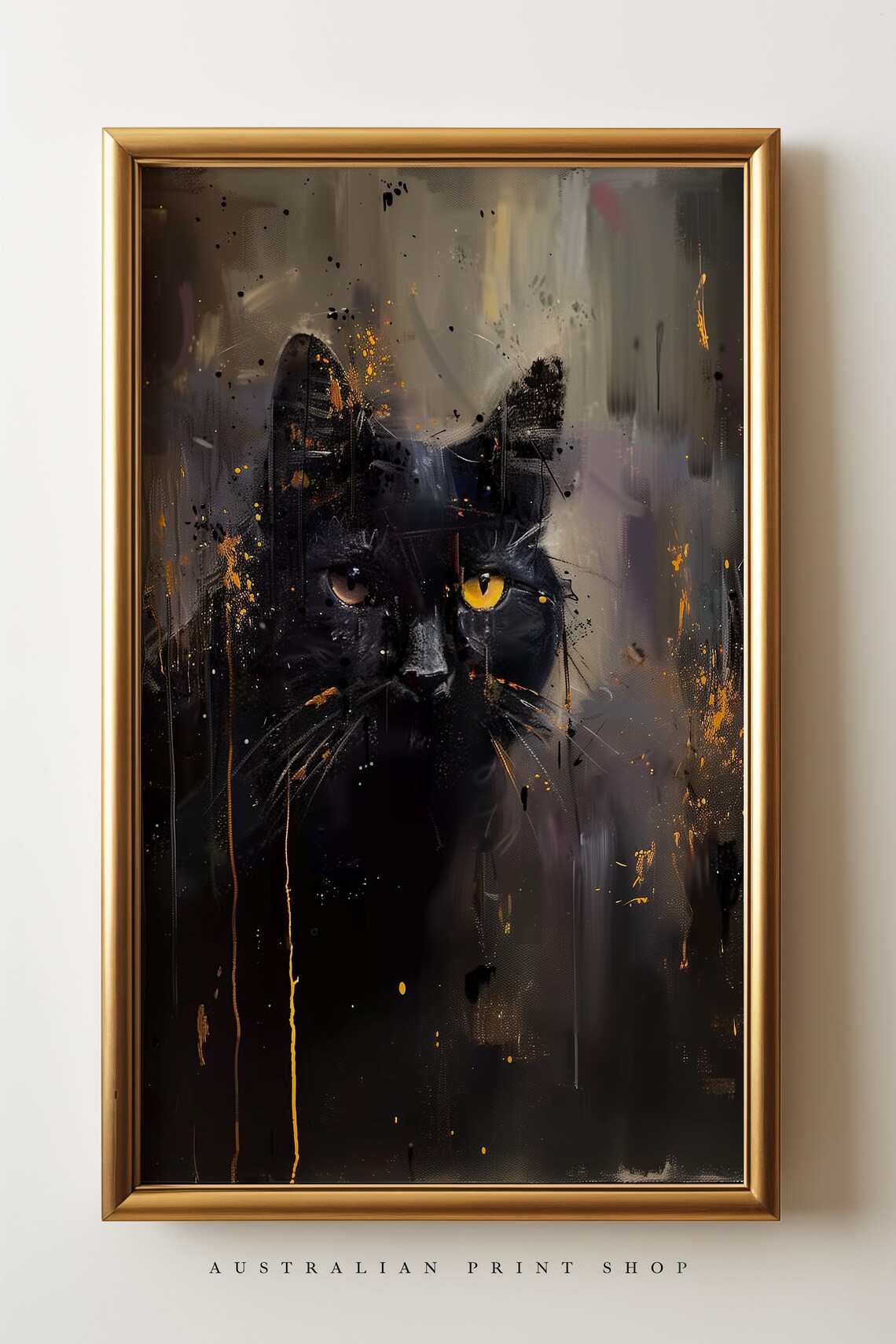 Black Cat Golden Eyes Moody Abstract Oil Painting Animal Poster - Image 5